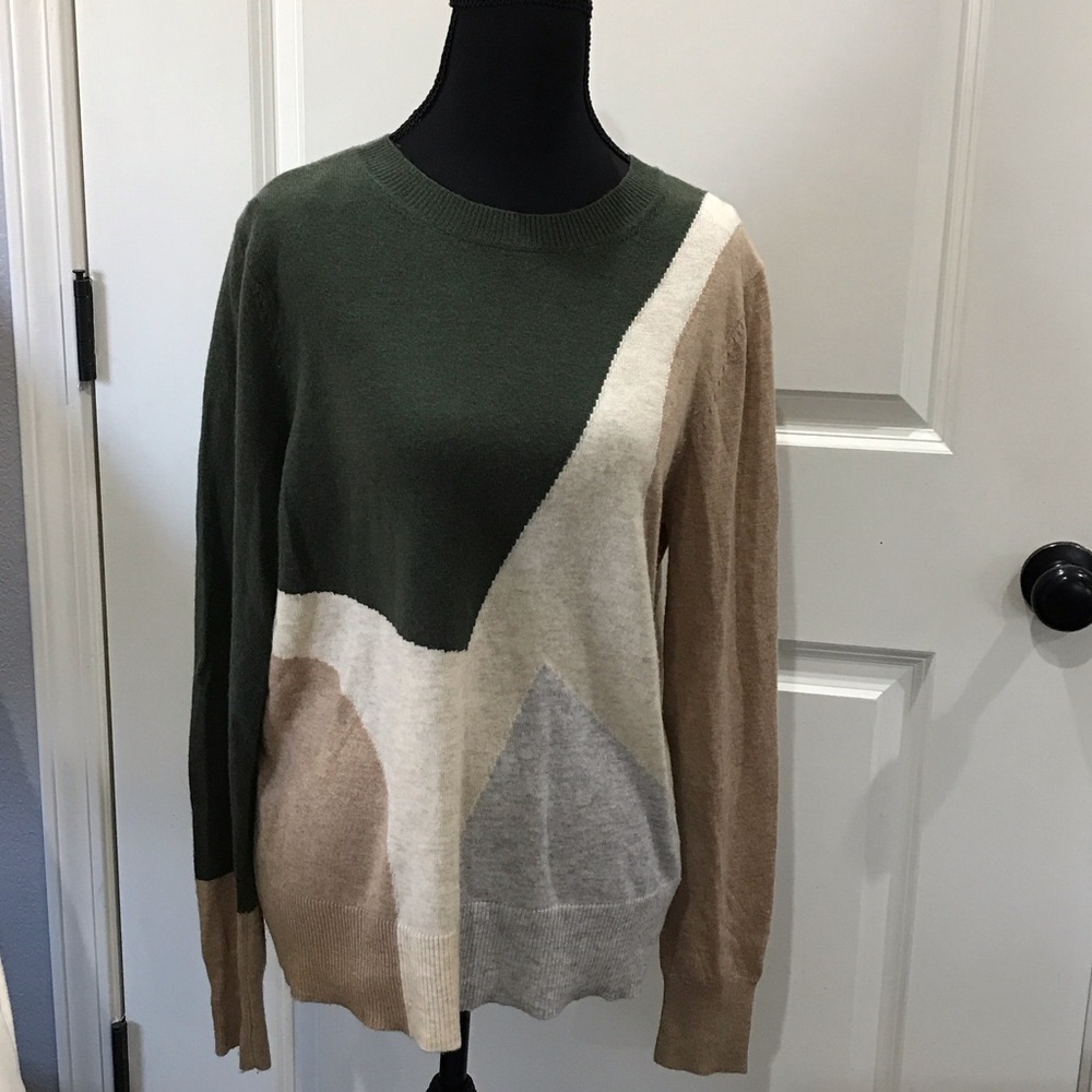 staccato Colorblock Sweater in Green, Cream, and Tan super soft size L